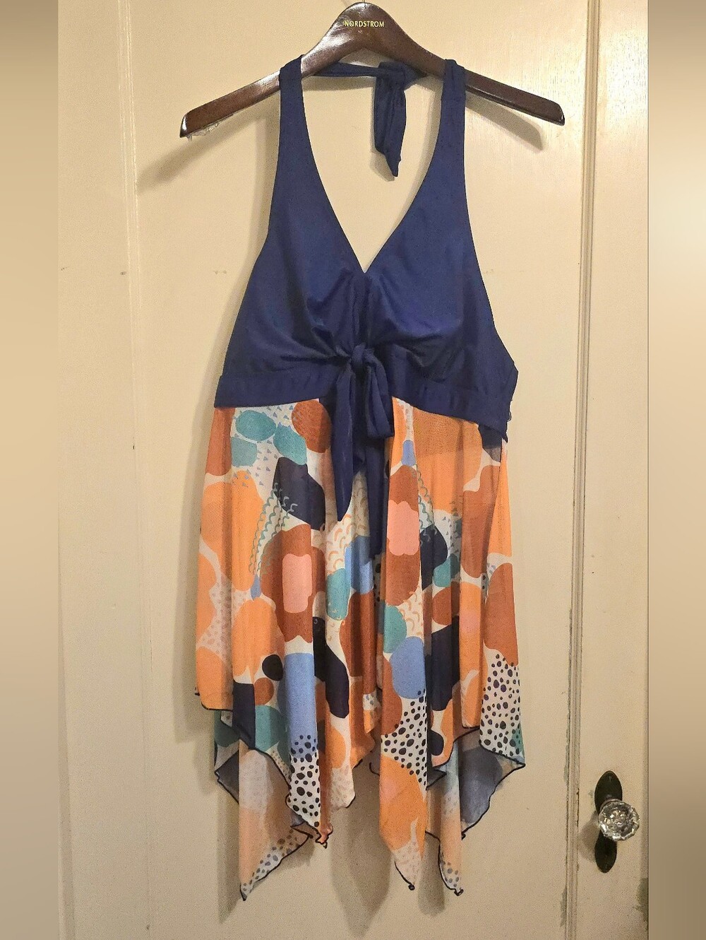 Navy Halter Tie-Front Swim-dress w/ Colorful Asymetrical Skirt L 12/14